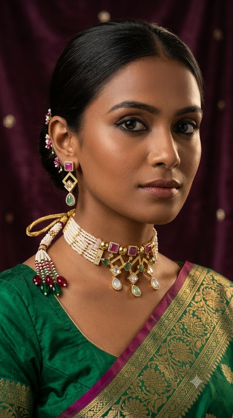 Temple jewellery gold necklace with gemstones